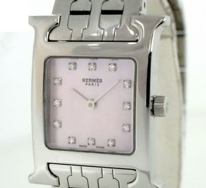 Pre-Owned HERMES H HH1.210 Ladies 12P Diamonds SS Pink Shell Automatic Watch, MD