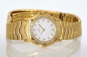 Ebel Ladies Wave Yellow Gold Watch with Diamond Markers and Diamond Bezel