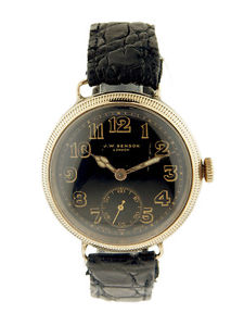 J.W. Benson Vintage 9k Yellow Gold Waterproof Wristwatch with Black Enamel Di...