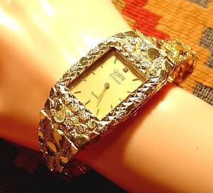 MENS GENEVE CLASSIC 14K DIAMOND YELLOW GOLD NUGGET STYLE WATCH 40mm BY 30MM L@@K