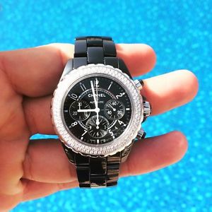 Chanel J12 Chronograph Diamond Bezel 41mm Black Ceramic Watch 2011 Box & Papers