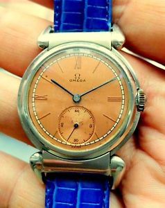 VINTAGE BIG OMEGA SCARAB CRAB LUGS HOODED FANCY JUMBO '30 MINT COPPER DIAL STEEL