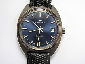VINTAGE JAQUET DROZ WATCH 25 Jewel AUTOMATIC w Date Window c1960's BLUE DIAL