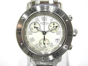 Auth HERMES Stainless Steel Cllipper Diver Chronograph Wristwatch Shell