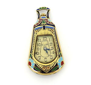 Antique Borel Fils & Cie Egyptian Revival Diamond & Enamel 18K Pendant Watch