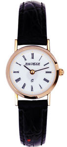 Womens 9ct Gold Wrist Watch with Roman Numerals on Black Leather Strap