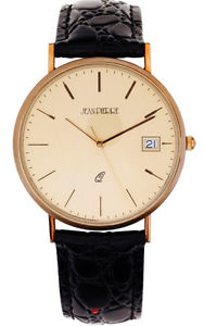 Mens 9ct Gold Wrist Watch with Champagne Face and Date on Black Leather Strap
