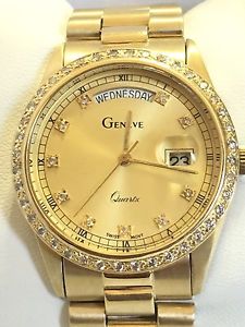 Geneve President  Diamond Dial Diamond Bezel 14k Solid Yellow Gold Quartz Watch