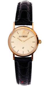 Womens 9ct Gold Wrist Watch with Champagne Face on Black Leather Strap