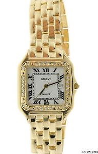 Ladies Geneva 14K Yellow Gold Diamonds Quartz Date Watch