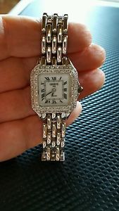14 k white gold swiss geneve panther two rows diamond bezel ladies watch