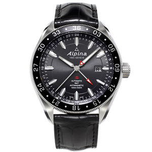 Alpina Alpiner 4 GMT Men's 44mm Automatic Black Leather Date Watch AL550G5AQ6