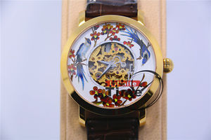Beijing  Man Wristwatch Handwind Skeleton Dial Cloisonne Enamel 18KGold Happy