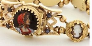14K GOLD CAMEO SLIDE FLIP TOP WATCH, CORAL, SAPPHIRES, RUBIES