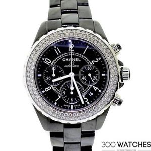 Ladies Chanel J12 H1009 Black Ceramic Diamonds Chronograph Auto Date Watch
