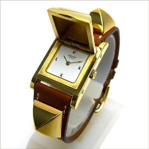 Pre-Owned HERMES Medoru Gold / Brown Leather White Dial Women's Wristwatch, MR