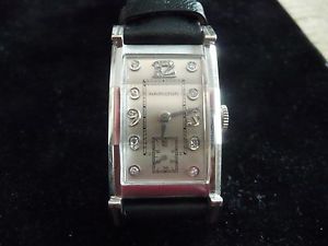 RARE MEN'S HAMILTON SOLID 14K  GOLD DIAMOND WATCH WITH FACETED CRYSTAL