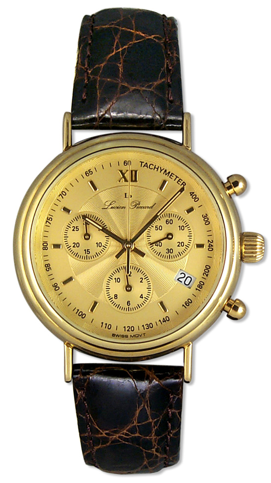 Lucien Piccard 14kt Gold Chronograph Mens Swiss Watch Leather Strap LP04733