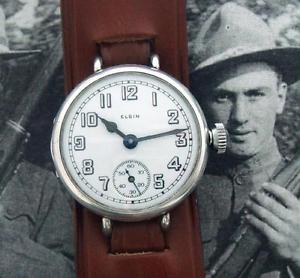HANDSOME Men's 1918 Elgin WWI Wire-lug Solid Sterling Wristwatch - SERVICED
