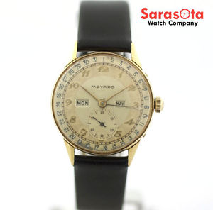 Vintage Movado Triple Calendar 18K Yellow Gold Leather Hand Winding Men's Watch
