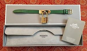 Authentic Hermes Kelly 18K Gold Plated Watch With Kelly Green Band