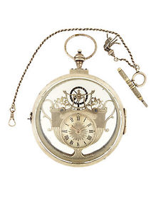 Skeleton Stainless Steel Fusee Key-Wind Over Sized Pocket Watch With Fob Chain