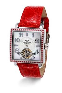 Yonger and Bresson Womens YBD 8513-15 Automatic Square MOP Red Calfskin Watch