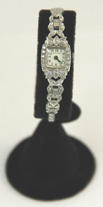 Women's Bulova Platinum Diamond Watch W/ 14k W Gold Safety Chain Appx 0.4ctw