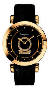 Ferragamo Women's FQ4190014 Minuetto Gold IP Diamonds Black Leather Watch