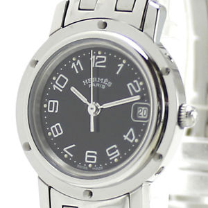 Pre-Owned Hermes Clipper All SS Black Dial Women's Quartz Wristwatch CL4.210,MR
