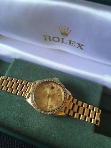 Lady's 18k Yellow Gold Oyster Perpetual Date Just Diamond Bezel, Diamond Dial,