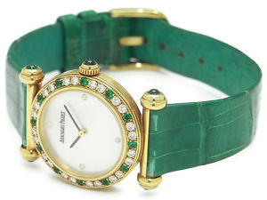 Audemars Piguet 18K Yellow Gold Shell Dial Diamond & Emerald Bezel Ladies Quartz