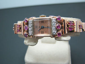 Vintage 14k Rose Gold Pery lady Watch with Rubies and Diamonds