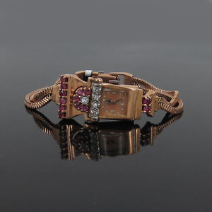 1950’s Milo 0.12ct Diamond & 1.25ct Ruby 14K Rose Gold Lady’s Watch