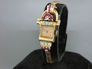 14k Rose Gold Lady Dress Watch With Rubies & Diamonds