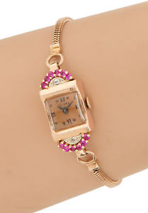 ORNATE VINTAGE DUBEL 14K ROSE GOLD, DIAMONDS & RUBIES LADIES DRESS WRIST WATCH