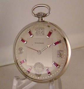 ANTIQUE WALTHAM MAXIMUS 21j PLATUNUM OPEN FACE RUBYS DIAMONDS DIAL POCKET WATCH