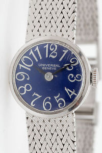 Vintage $6000 UNIVERSAL Ladies 14k White Gold Watch EXAGGERATED BLUE NUMERALS
