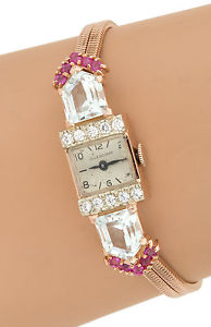 GORGEOUS OLLENDORFF 14K ROSE GOLD, RUBIES & BLUE GEMS LADIES VINTAGE WRIST WATCH