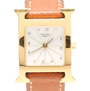 HERMES H Watch Warranty Ladies Gold HH1.201 Quartz White SS Excellent #0333