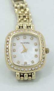 Gorgeous 14K Solid Yellow Gold Ladies Tourneau Diamond Dial Bezel Watch B662
