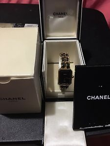 CHANEL Premiere S Size Vintage Ladies Leather Quartz Black Gold GP Good