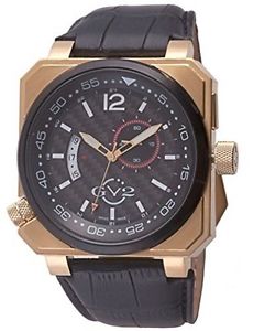 GV2 by Gevril Men's 4521 XO Submarine Gold IP Steel Black Leather Date Watch