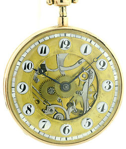 18k Gold skelettierte Spindeltaschenuhr mit Repetition um 1820, große 56mm, 123g