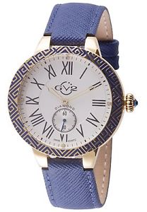GV2 by Gevril Women's 9123 Astor Enamel Diamond Gold IP Blue Leather Watch