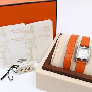 u4158g Auth Hermes Cape Cod Double Tour Wrist Watch Leather Belt Bracelet Orange