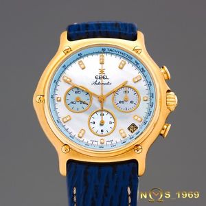 EBEL CHRONOGRAPH 1911 AUTOMATIC 18K GOLD MOP DIAL & DIAMONDS BOX & PAP