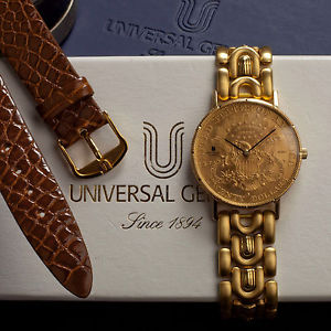 RARE! $20 Coin 1882 Double Eagle Watch Universal Genève Quartz 18/22K Solid Gold