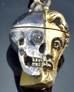 Victorian Memento Mori half Skull half man silver head pill box/pocket watch fob