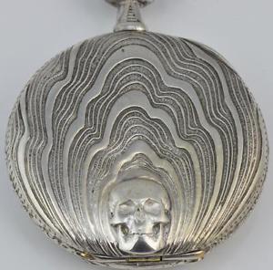 MUSEUM antique Swiss Art-Nouveau Memento Mori SKULL silver pocket watch